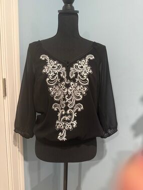 White House Black Market Black Blouse with White Embroidered Front